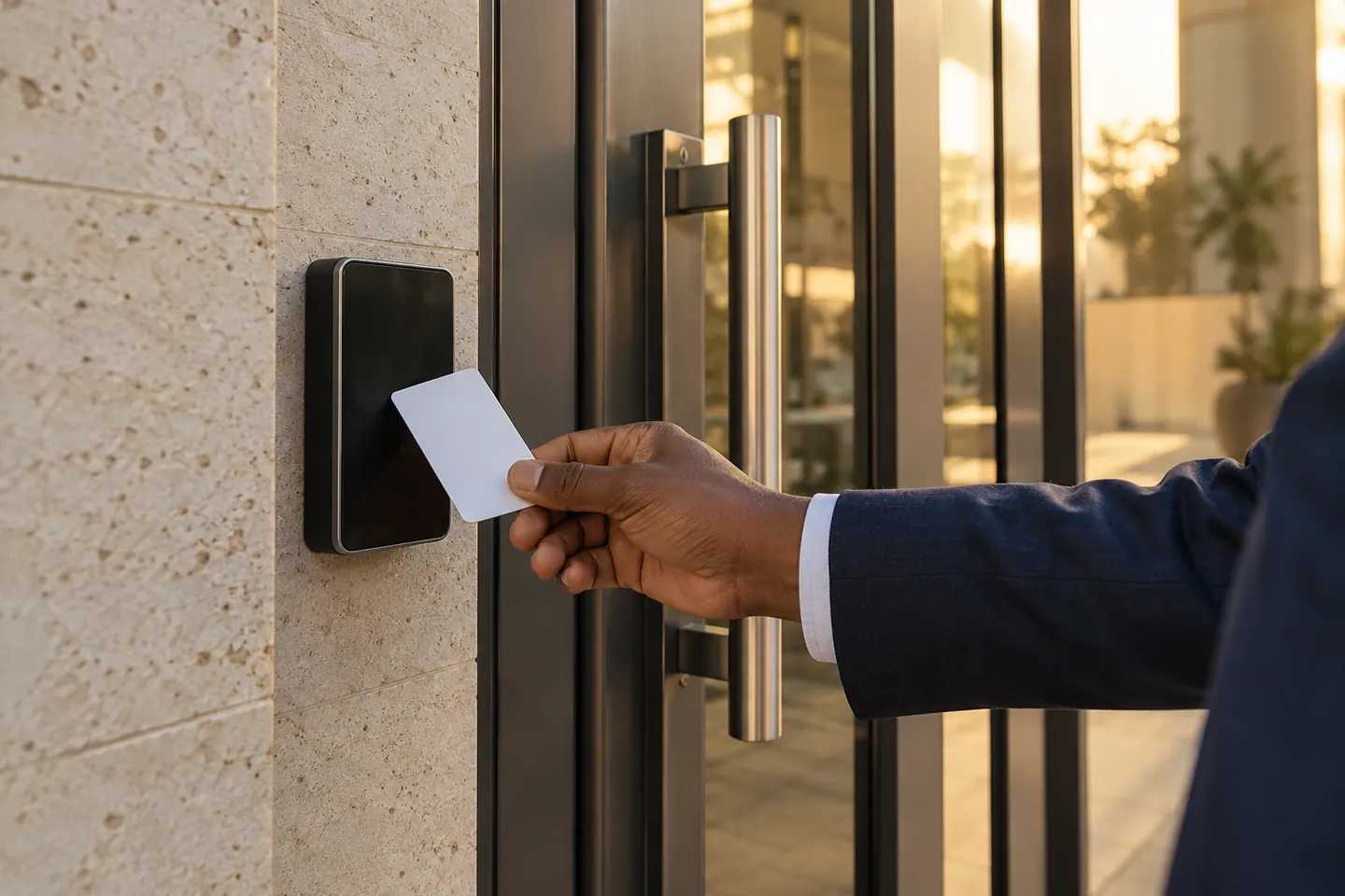An access card held beside a door reader