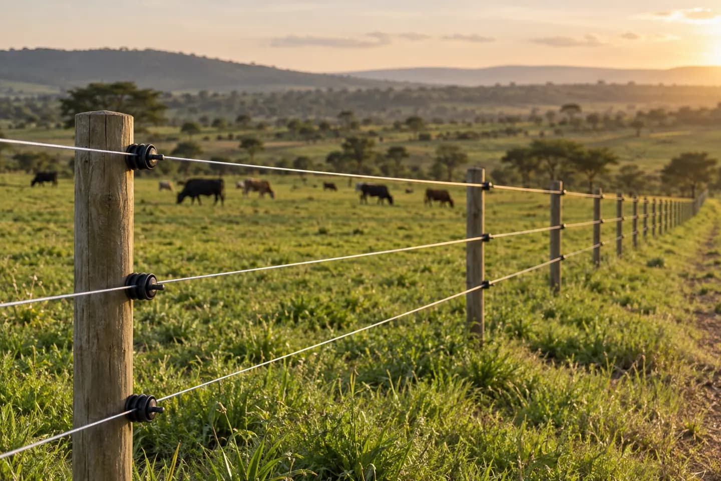 Electric fence conductors and insulators along a paddock