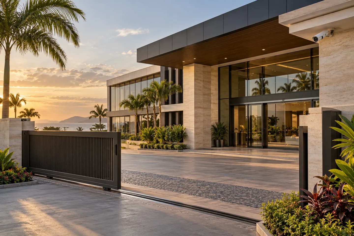 AI-generated contemporary building with discreet CCTV and automated entrance