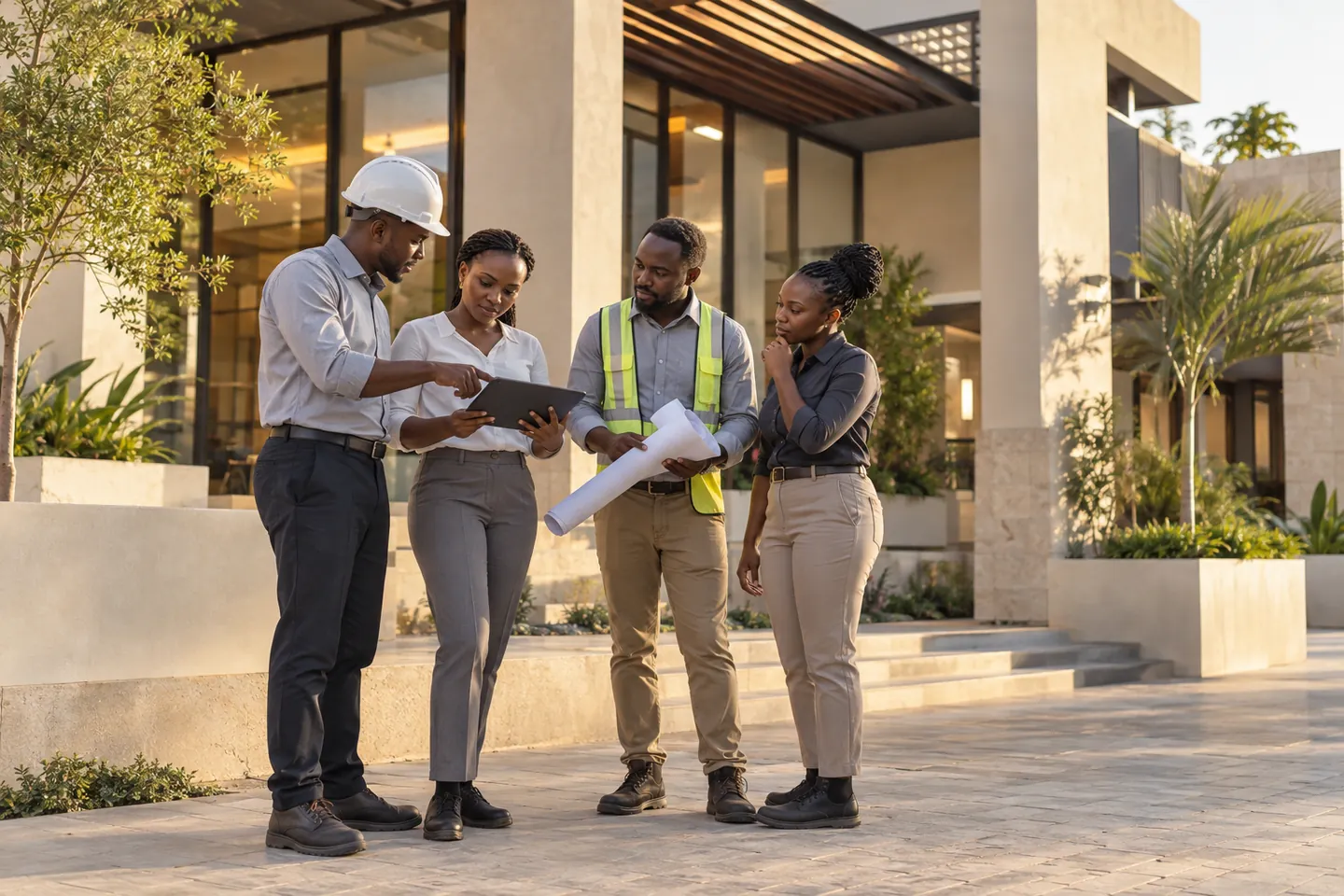 Fictional technical professionals discussing a site plan; AI illustration